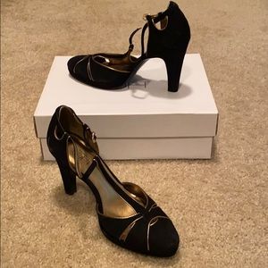 Ann Taylor Loft Black Gold Suede Shoes New in Box
